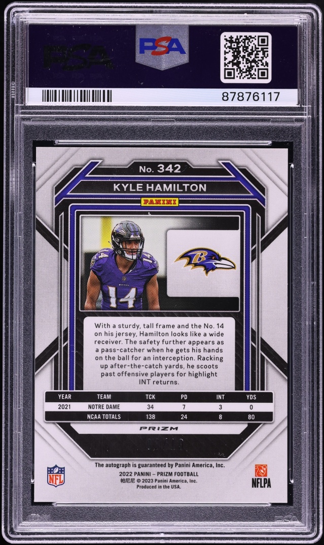 2022 Panini Prizm No Huddle Gold Kyle Hamilton ROOKIE AUTO /10 #342 PSA 10 GEM MINT - Photo 2