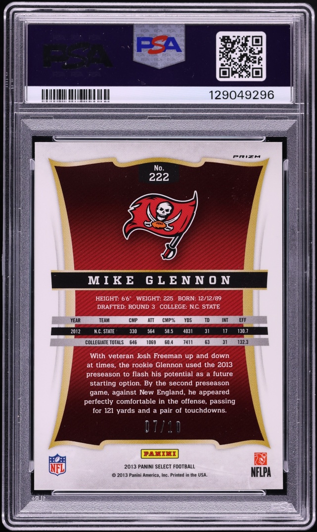 2013 Select Gold Prizm Mike Glennon ROOKIE /10 #222 PSA 9 MINT - Photo 2