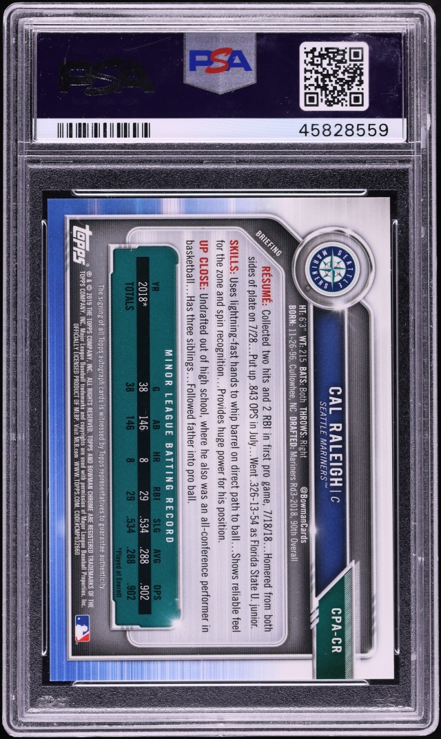 2019 Bowman Chrome Blue Refractor Cal Raleigh PROSPECT AUTO /150 #CPA-CR PSA 10 GEM MINT - Photo 2