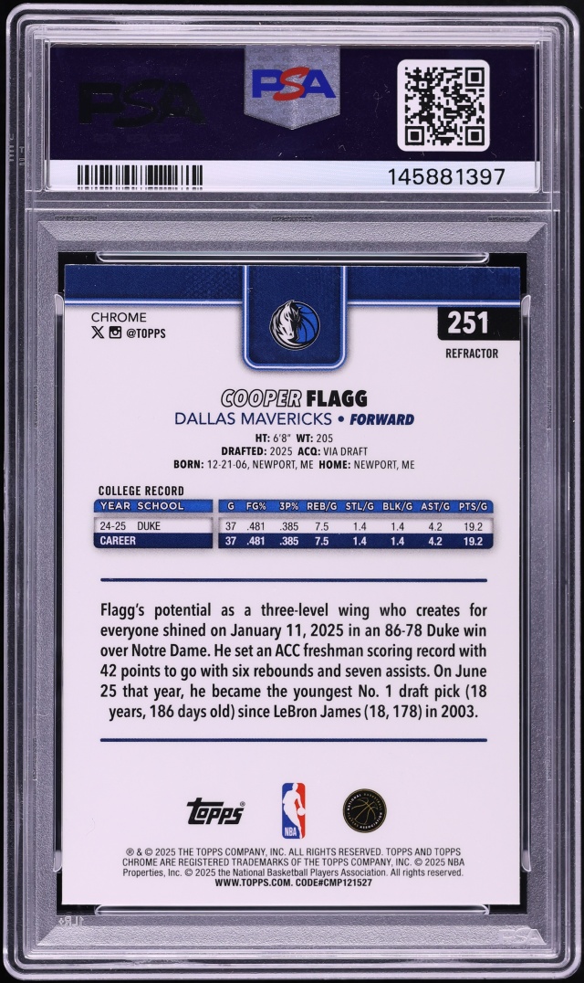 2025 Topps Chrome Refractor Cooper Flagg ROOKIE #251 PSA 9 MINT - Photo 2
