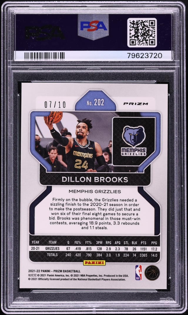 2021 Panini Prizm Gold Dillon Brooks /10 #202 PSA 9 MINT - Photo 2