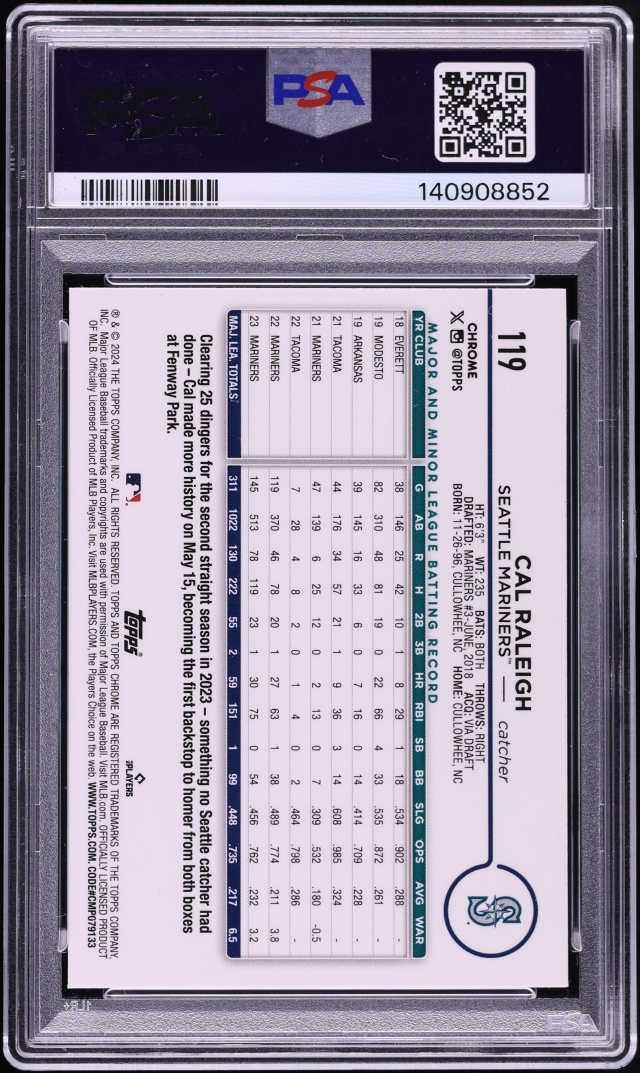 2024 Topps Chrome Logofractor Edition Gold Refractor Cal Raleigh /50 #119 PSA 10 GEM MINT - Photo 2