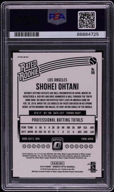2018 Donruss Optic Variation Pink Shohei Ohtani ROOKIE #56 PSA 10 GEM MINT