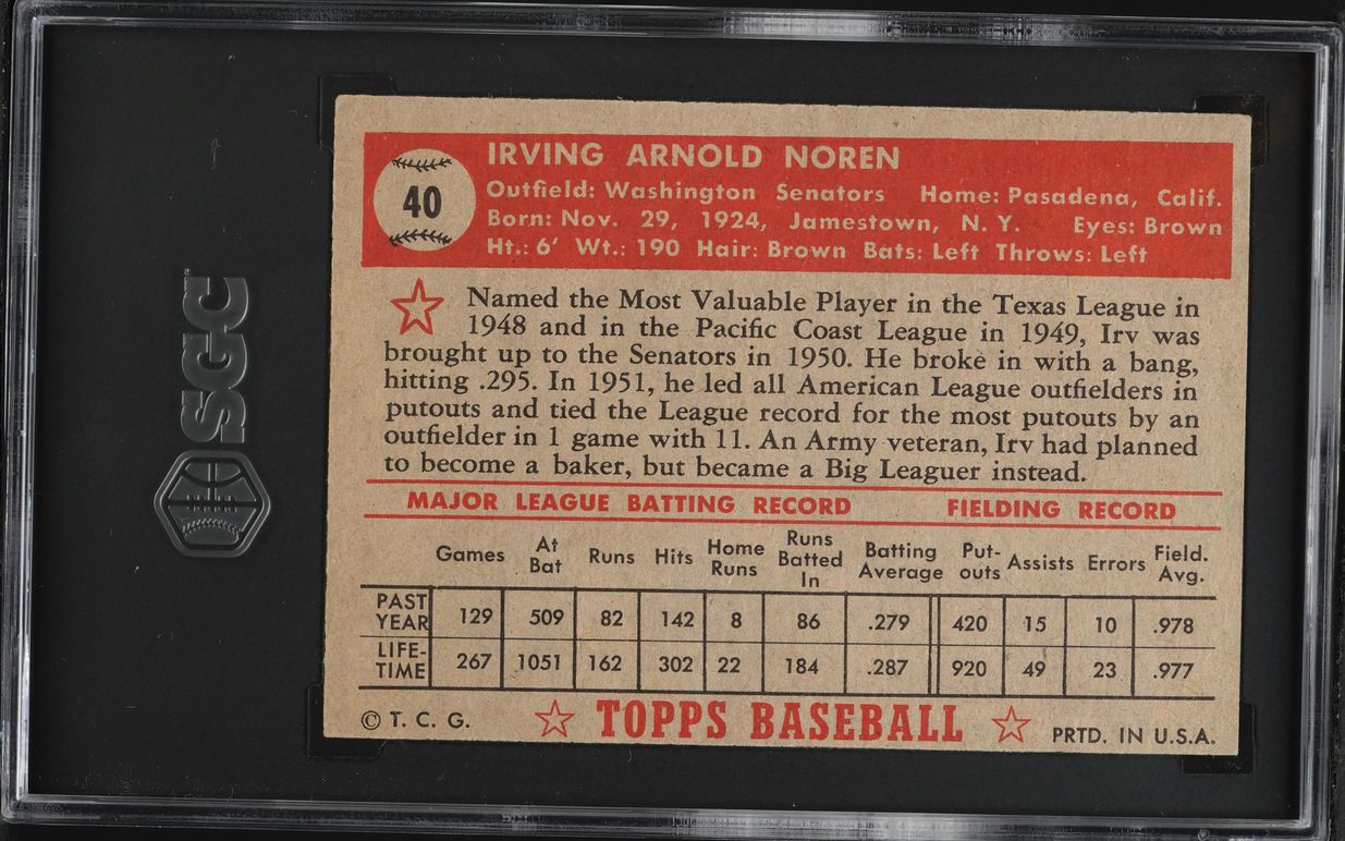 1952 Topps Irv Noren #40 SGC 4 VGEX
