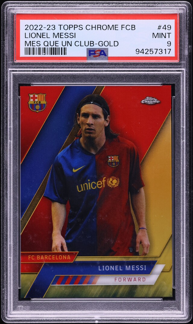 2022 Topps Chrome FC Barcelona Mes Que Un Club Gold Lionel Messi /50 #49 PSA 9