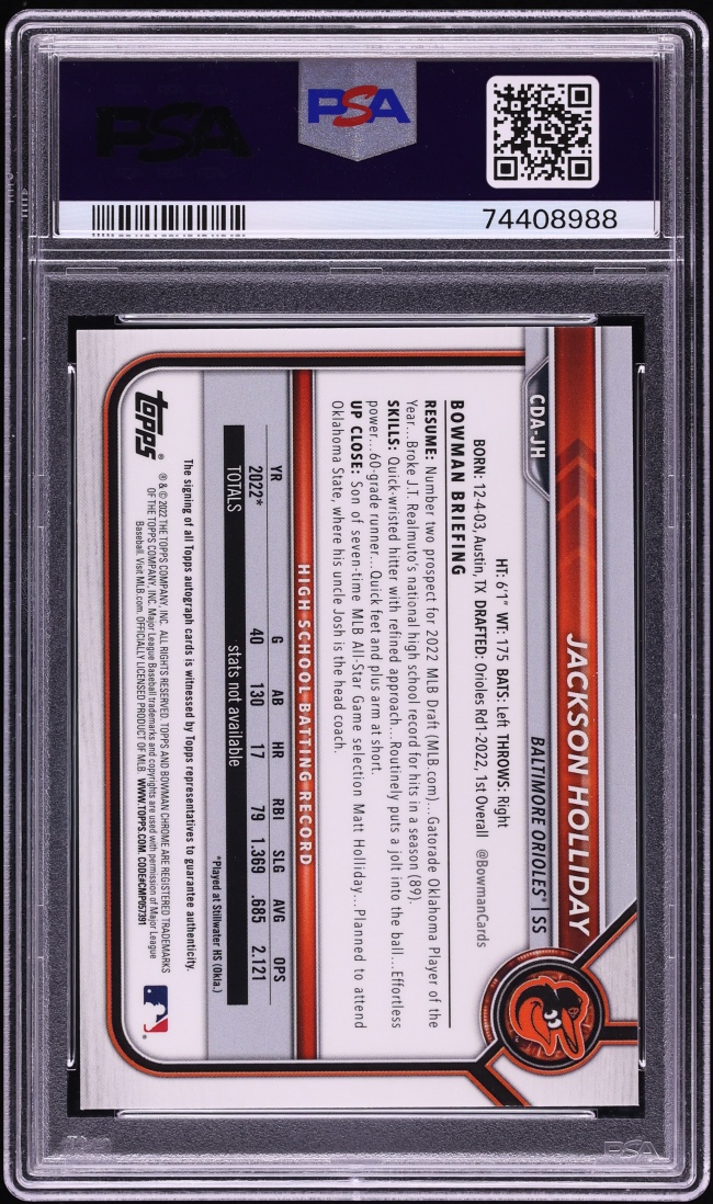 2022 Bowman Chrome Draft Gold Refractor Jackson Holliday PROSPECT AUTO 1/50 #CDA-JH PSA 10 GEM