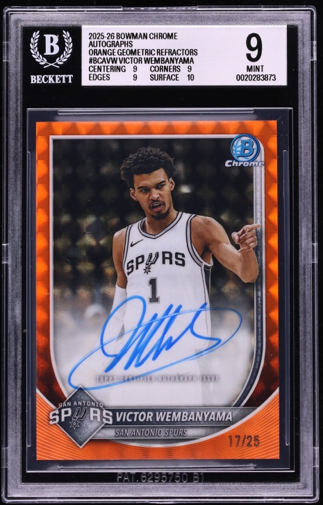 2025 Bowman Chrome Orange Geometric Refractor Victor Wembanyama AUTO /25 #BCAVW BGS 9 MINT
