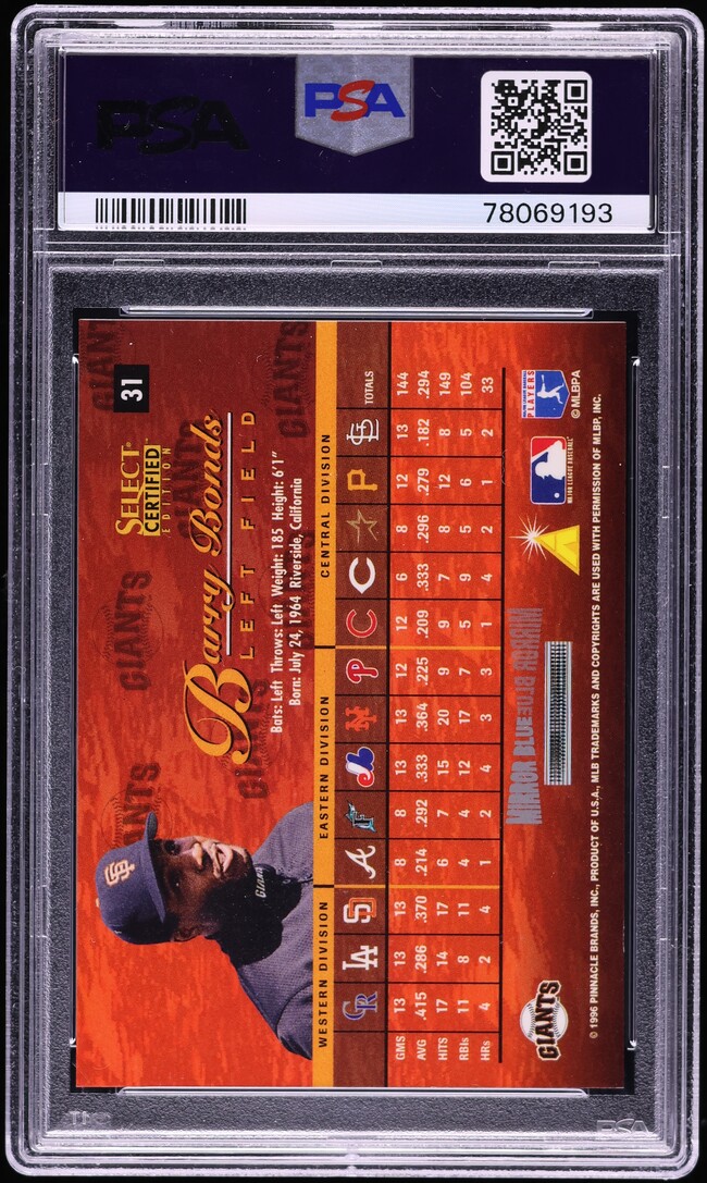 1996 Select Certified Mirror Blue Barry Bonds #31 PSA 10 GEM MINT