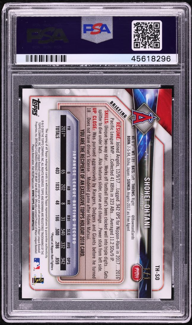 2018 Topps Holiday Bowman Gold Festive Shohei Ohtani ROOKIE AUTO 1/1 PSA 9 MINT