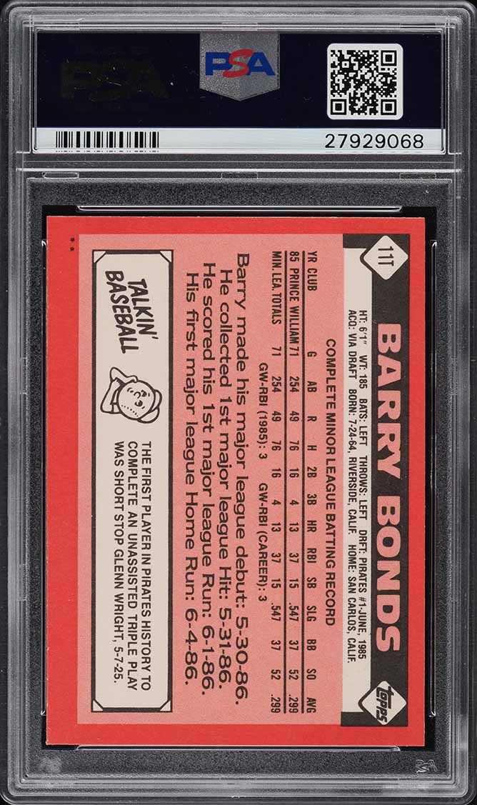 1986 Topps Traded Barry Bonds ROOKIE #11T PSA 9 MINT