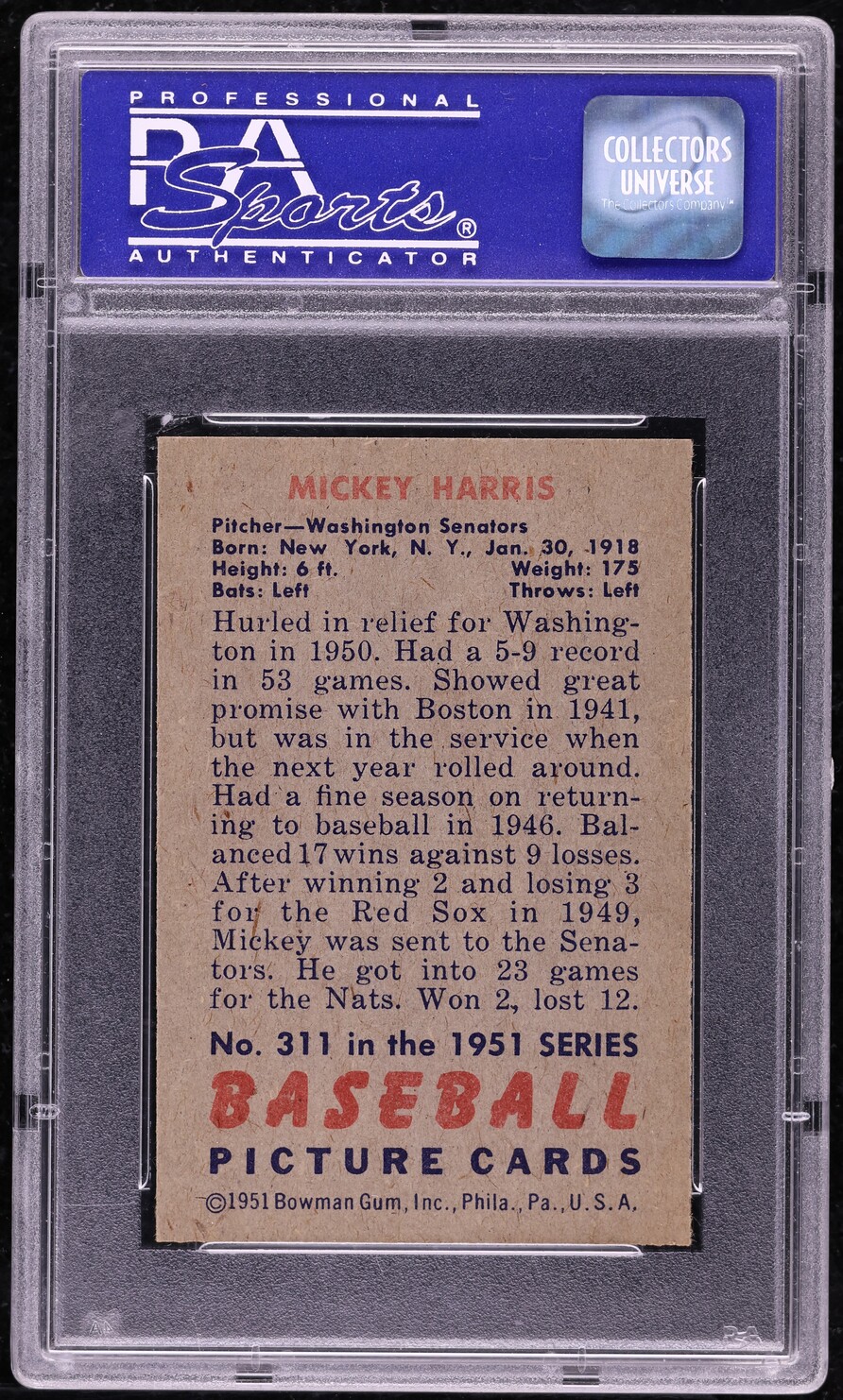 1951 Bowman Mickey Harris #311 PSA 8 NM-MT