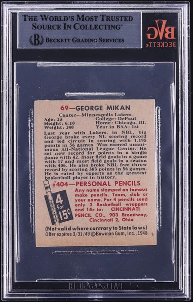 1948 Bowman Basketball George Mikan ROOKIE #69 BVG 7.5 NRMT+