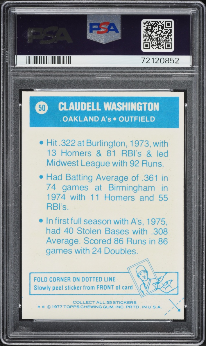 1977 Topps Cloth Stickers Claudell Washington #50 PSA 10 GEM MINT