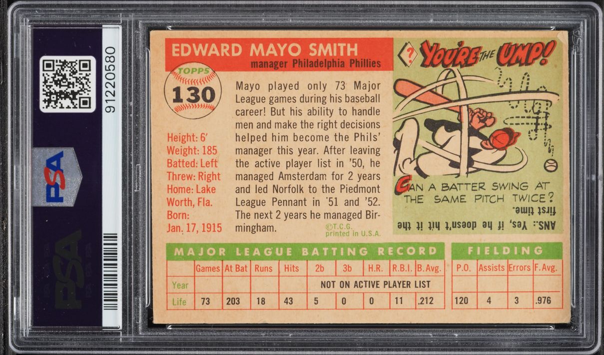 1955 Topps Mayo Smith ROOKIE #130 PSA 4 VGEX