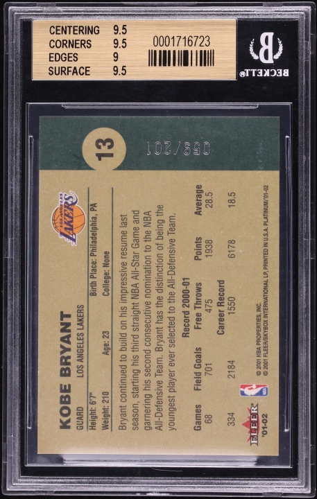 2001 Fleer Platinum Anniversary Edition Kobe Bryant /201 #13 BGS 9.5 GEM MINT - Photo 2