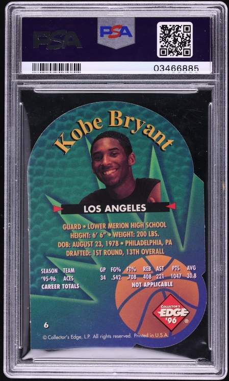 1996 Collector's Edge Rage Die-Cut Kobe Bryant ROOKIE #6 PSA 10 GEM MINT - Photo 2