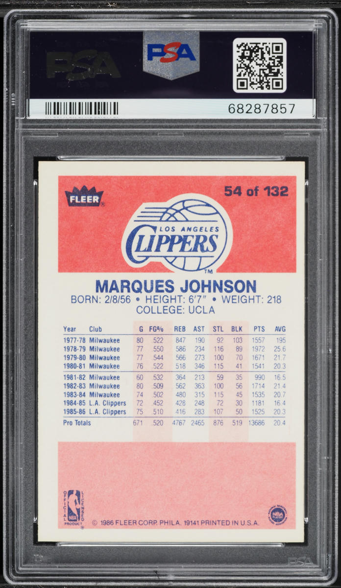 1986 Fleer Basketball Marques Johnson #54 PSA 6 EXMT