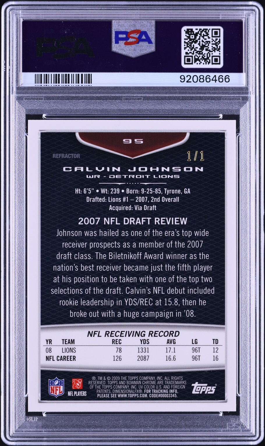 2009 Bowman Chrome Superfractor Calvin Johnson 1/1 #95 PSA 10 GEM MINT