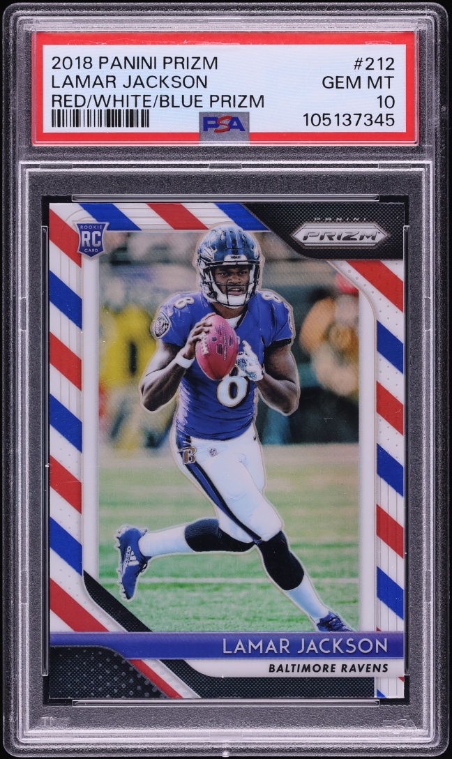2018 Panini Prizm Red White Blue Lamar Jackson ROOKIE #212 PSA 10 GEM MINT
