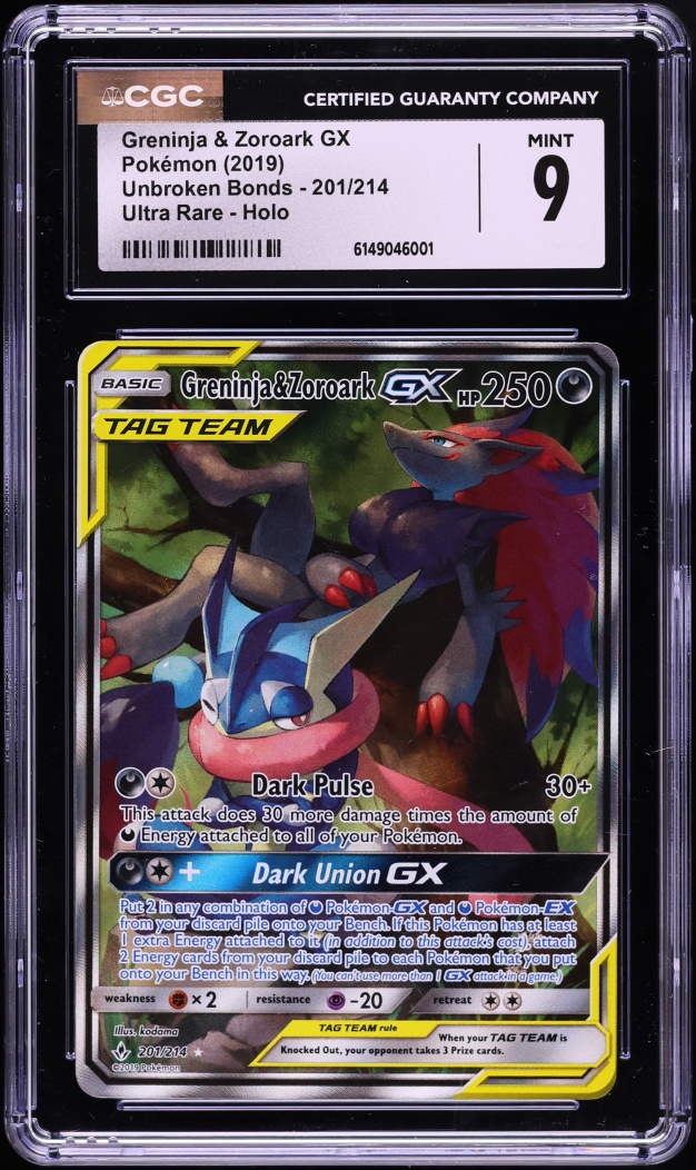 2019 Pokemon Sun & Moon Unbroken Bonds Full Art Greninja & Zoroark GX #201 CGC 9 MINT