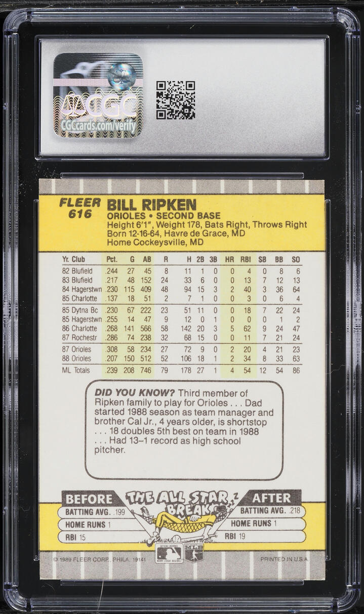 1989 Fleer Bill Ripken ROOKIE, BLACK BOX #616 CGC 4.5 VGEX+