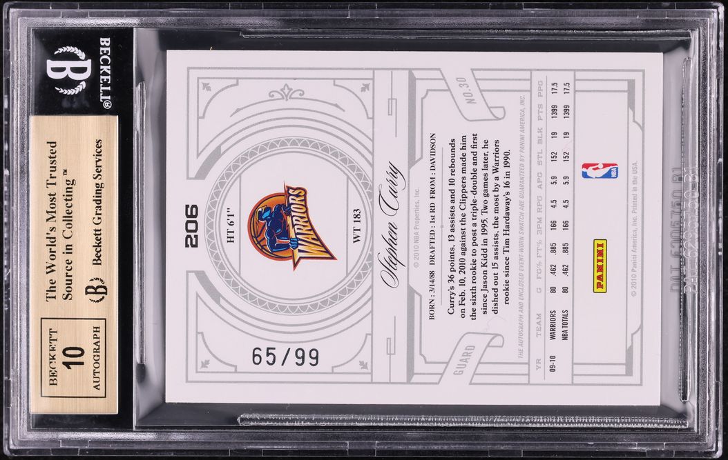 2009 National Treasures Stephen Curry ROOKIE PATCH AUTO /99 #206 BGS 9.5 GEM