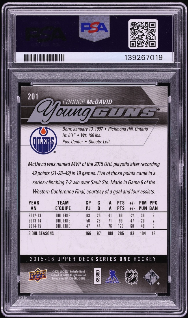 2015 Upper Deck Young Guns Connor McDavid ROOKIE #201 PSA 9 MINT