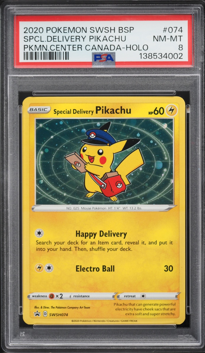 2020 Pokemon Sword & Shield Promo Center Canada Holo Special Delivery Pikachu #74 PSA 8 NM-MT
