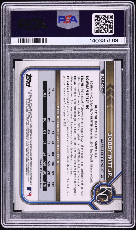 2022 Bowman Chrome Blue Refractor Bobby Witt Jr. PROSPECT /150 #BCP-146 PSA 10 GEM MINT