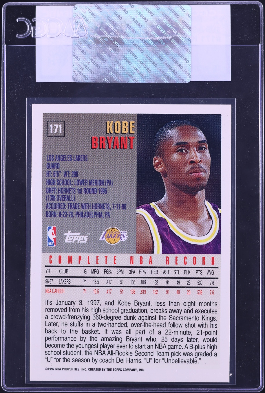1997 Topps Basketball Kobe Bryant #171 CGC AUTH