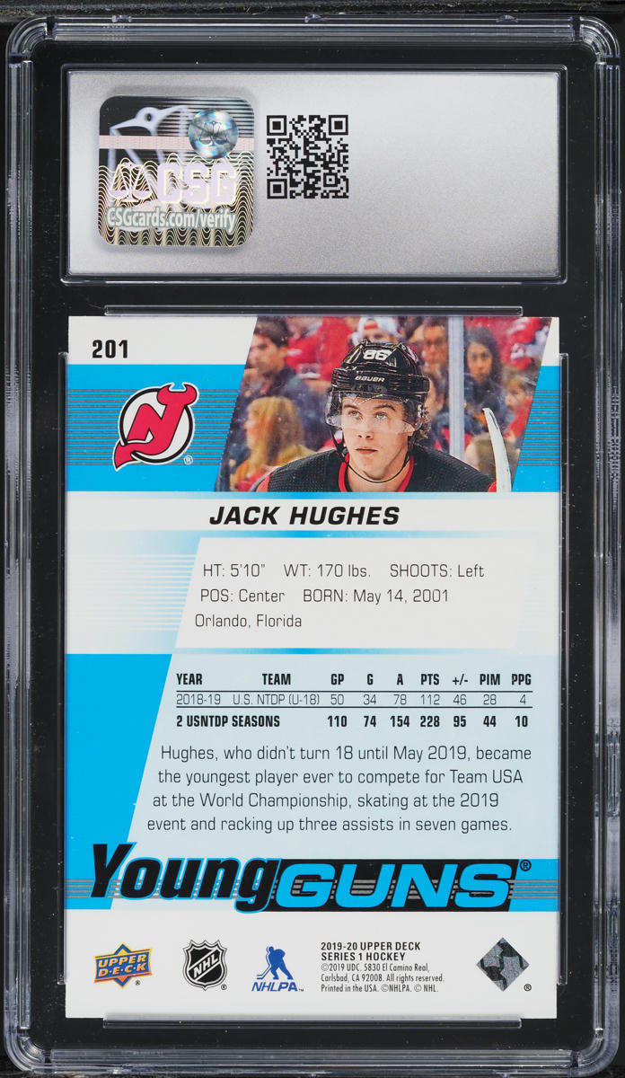 2019 Upper Deck Young Guns Jack Hughes ROOKIE #201 CSG 10 GEM MINT