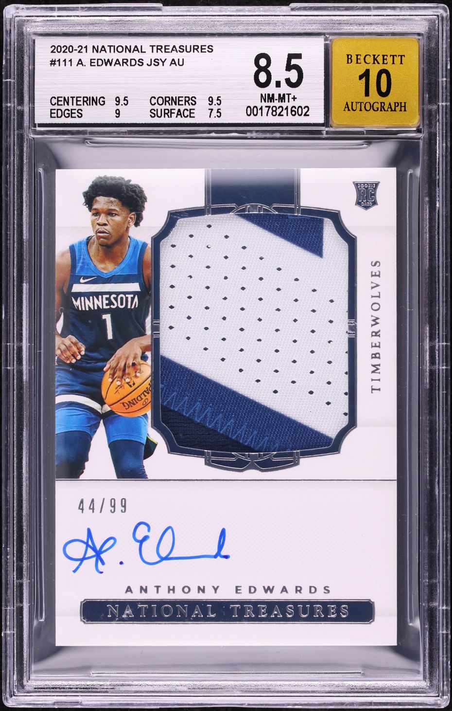 2020 National Treasures Anthony Edwards ROOKIE PATCH AUTO /99 #111 BGS 8.5