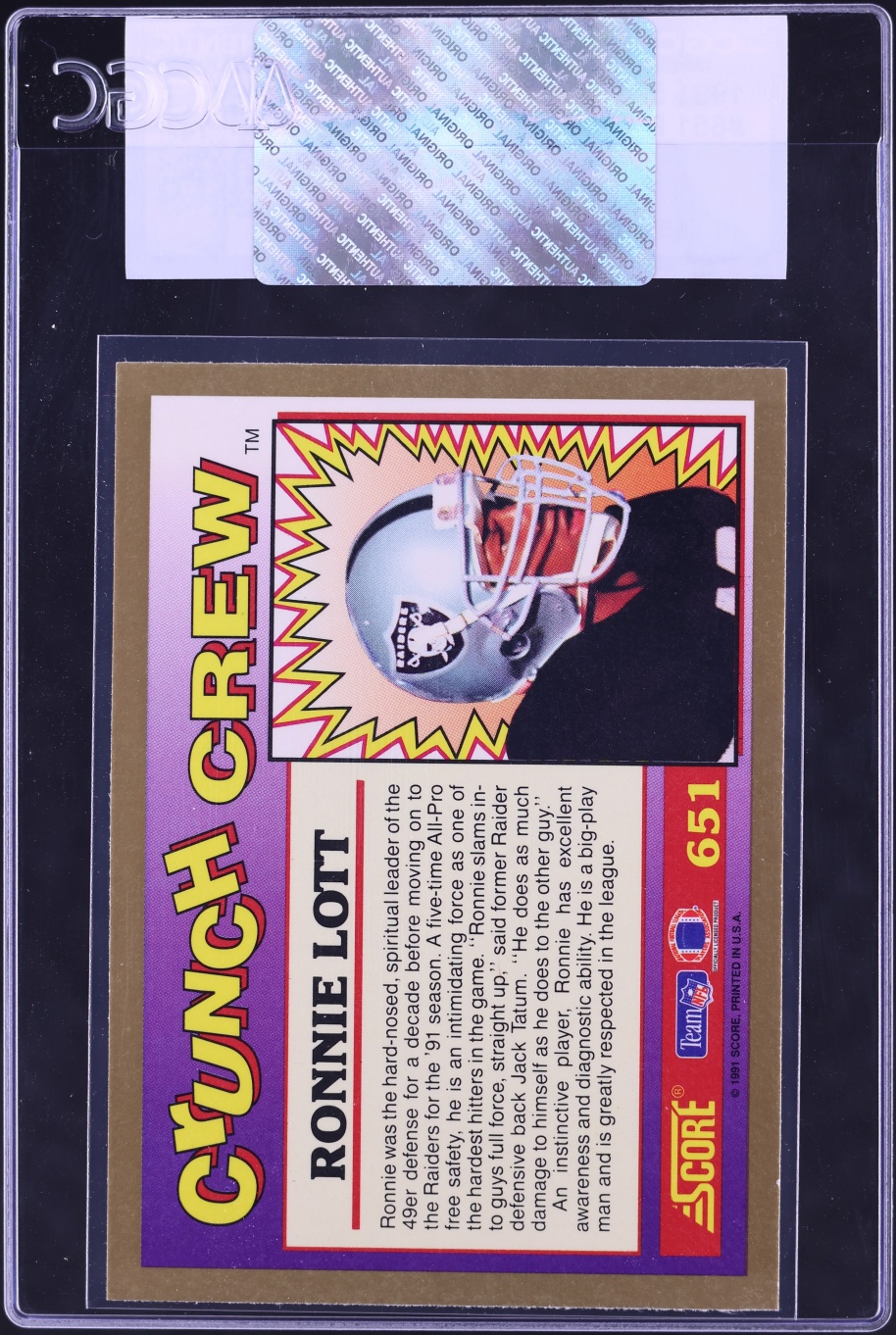 1991 Score Football Ronnie Lott #651 CGC AUTH