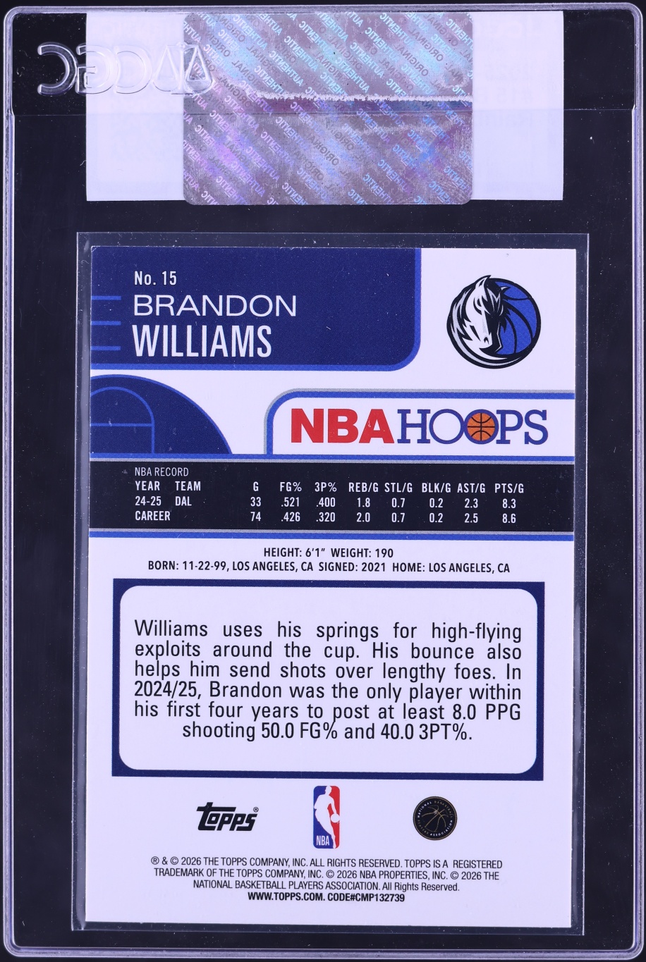 2025 Hoops Rainbow Red & Orange Brandon Williams /249 #15 CGC AUTH