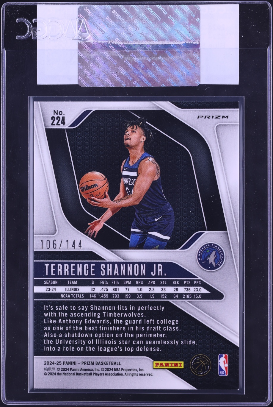 2024 Panini Prizm Blue Sparkle Terrence Shannon Jr. ROOKIE /144 #224 CGC AUTH