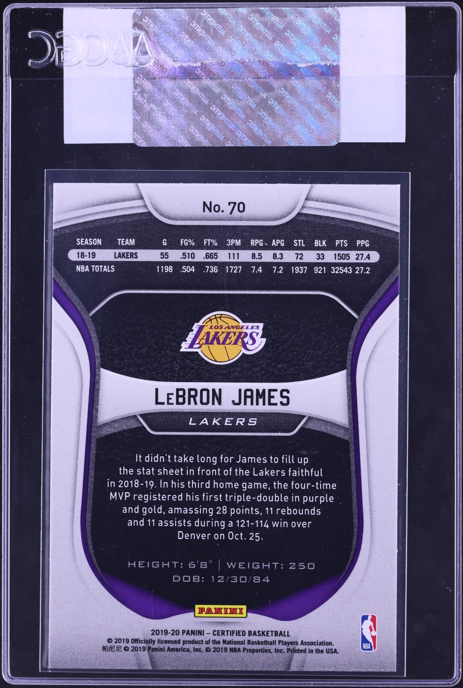 2019 Panini Certified LeBron James #70 CGC AUTH