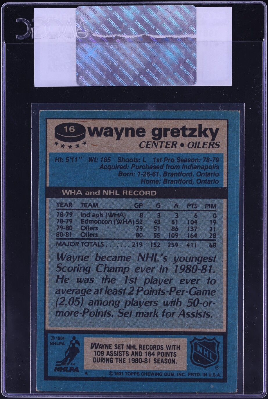 1981 Topps Hockey Wayne Gretzky #16 CGC AUTH