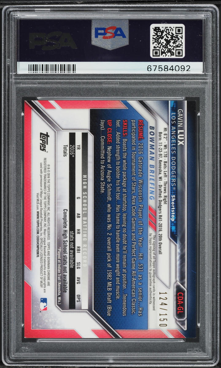 2016 Bowman Chrome Blue Refractor Gavin Lux PROSPECT AUTO /150 #CDA-GL PSA 9