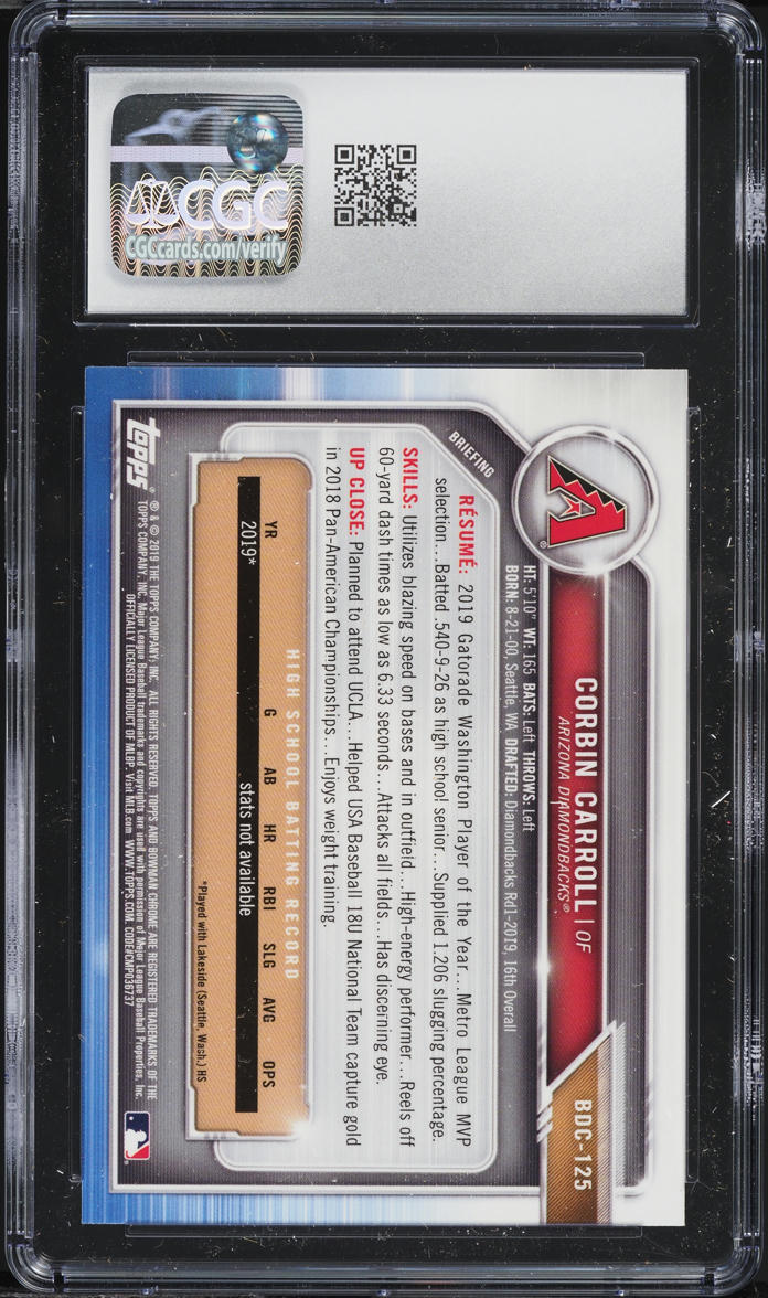 2019 Bowman Chrome Draft Corbin Carroll PROSPECT #BDC-125 CGC 9.5 MINT+