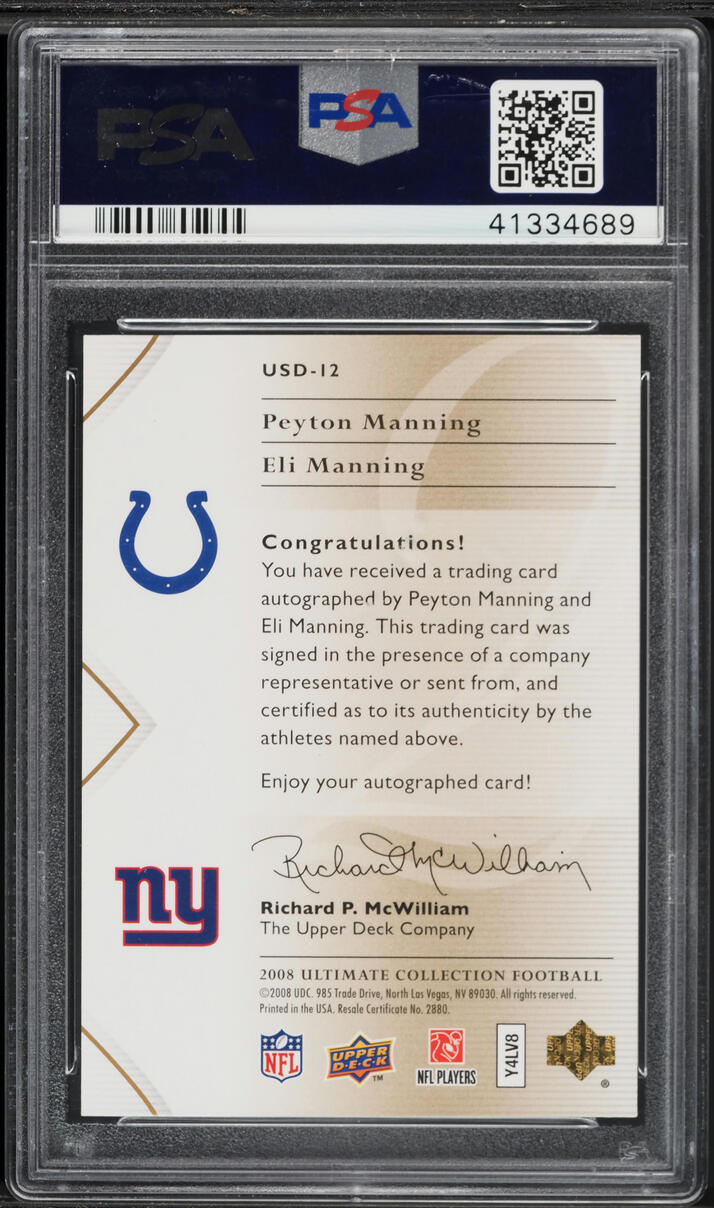 2008 Ultimate Collection Dual Peyton Manning Eli Manning AUTO 1/15 #USD-12 PSA 9 MINT - Photo 2