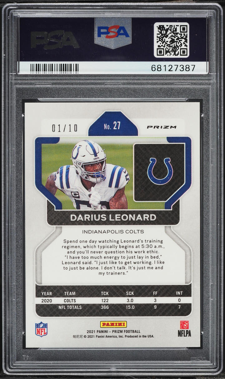 2021 Panini Prizm Gold Darius Leonard 1/10 #27 PSA 10 GEM MINT - Photo 2