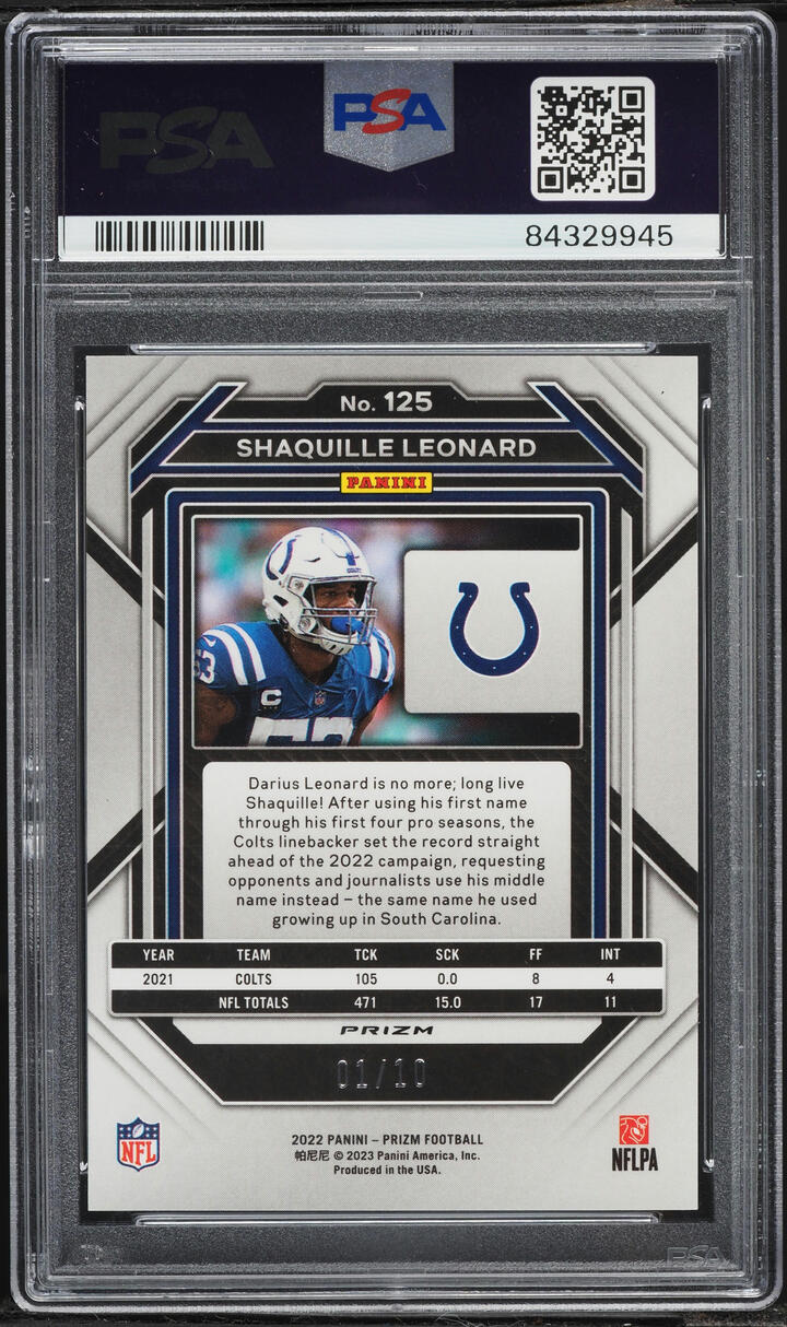 2022 Panini Prizm Gold Shaquille Leonard 1/10 #125 PSA 9 MINT - Photo 2