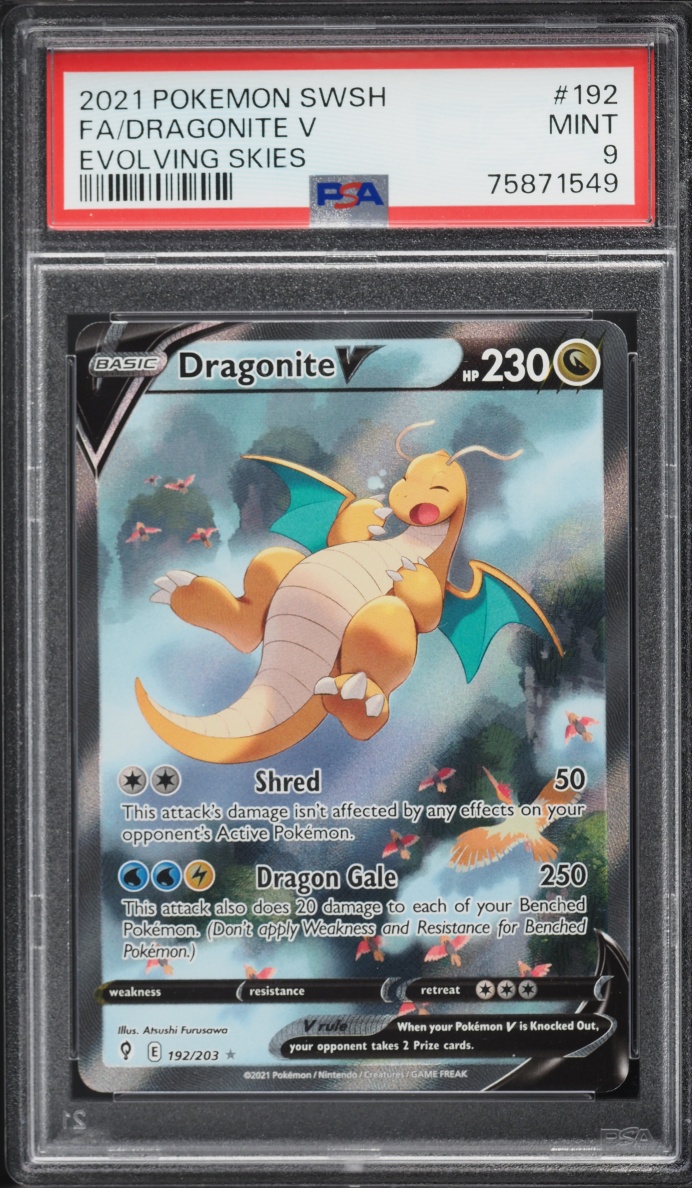 2021 Pokemon Sword & Shield Evolving Skies Full Art Dragonite V #192 PSA 9 MINT