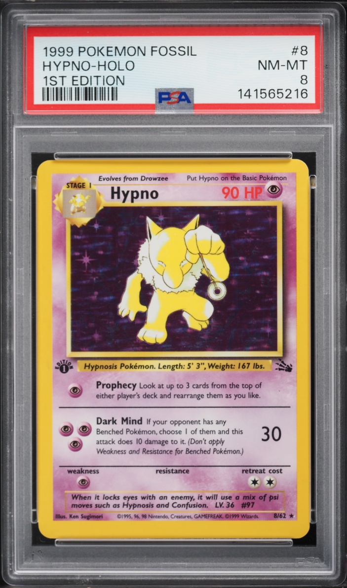 1999 Pokemon Fossil 1st Edition Holo Hypno #8 PSA 8 NM-MT