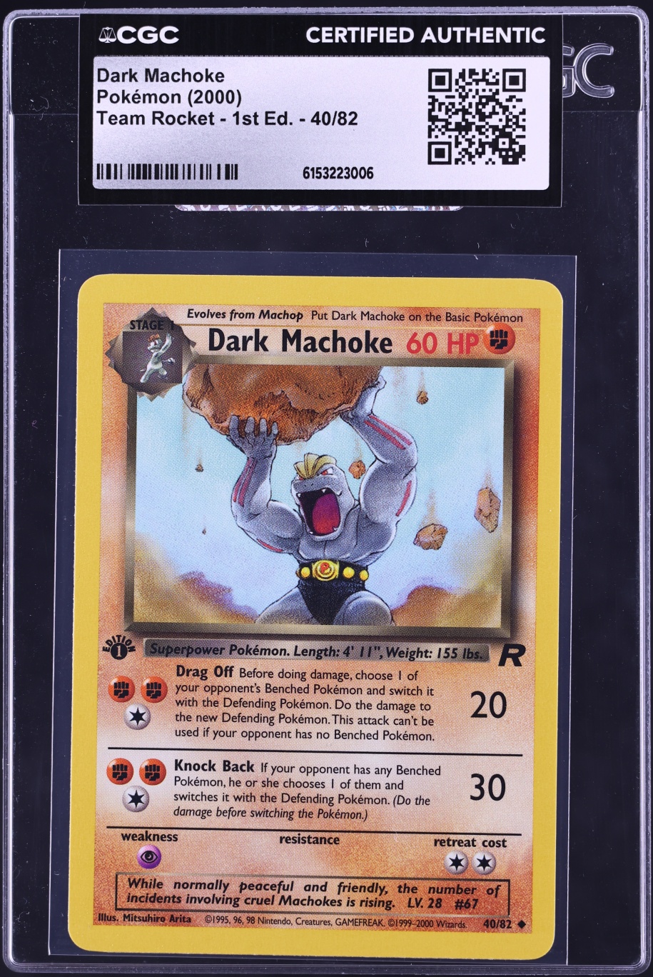 2000 Pokemon Team Rocket 1st Edition Dark Machoke #40 CGC AUTH