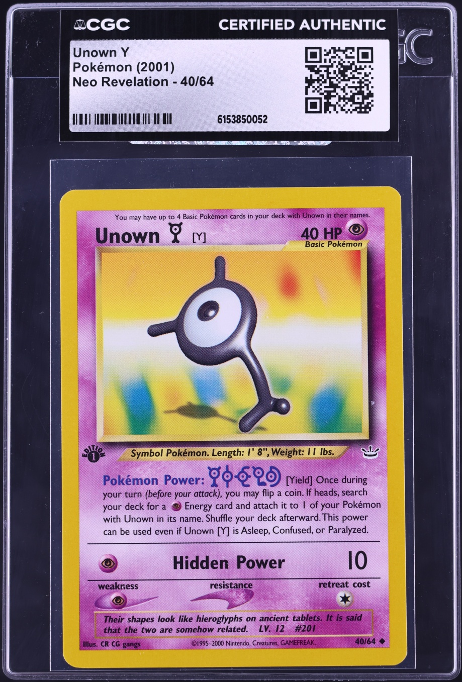 2001 Pokemon Neo Revelation Unown Y #40 CGC AUTH