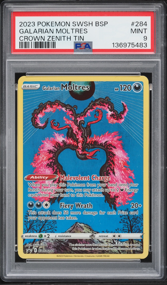 2023 Pokemon Sword & Shield Promo Crown Zenith Tin Full Art Galarian Moltres #284 PSA 9 MINT