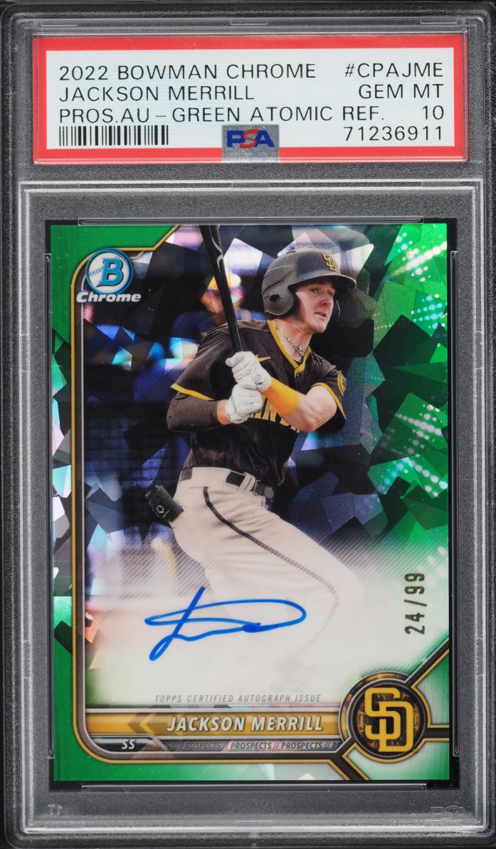 2022 Bowman Chrome Green Atomic Refractor Jackson Merrill PROSPECT AUTO /99 #CPA-JME PSA 10