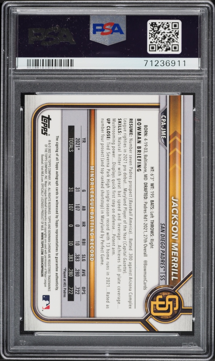 2022 Bowman Chrome Green Atomic Refractor Jackson Merrill PROSPECT AUTO /99 #CPA-JME PSA 10