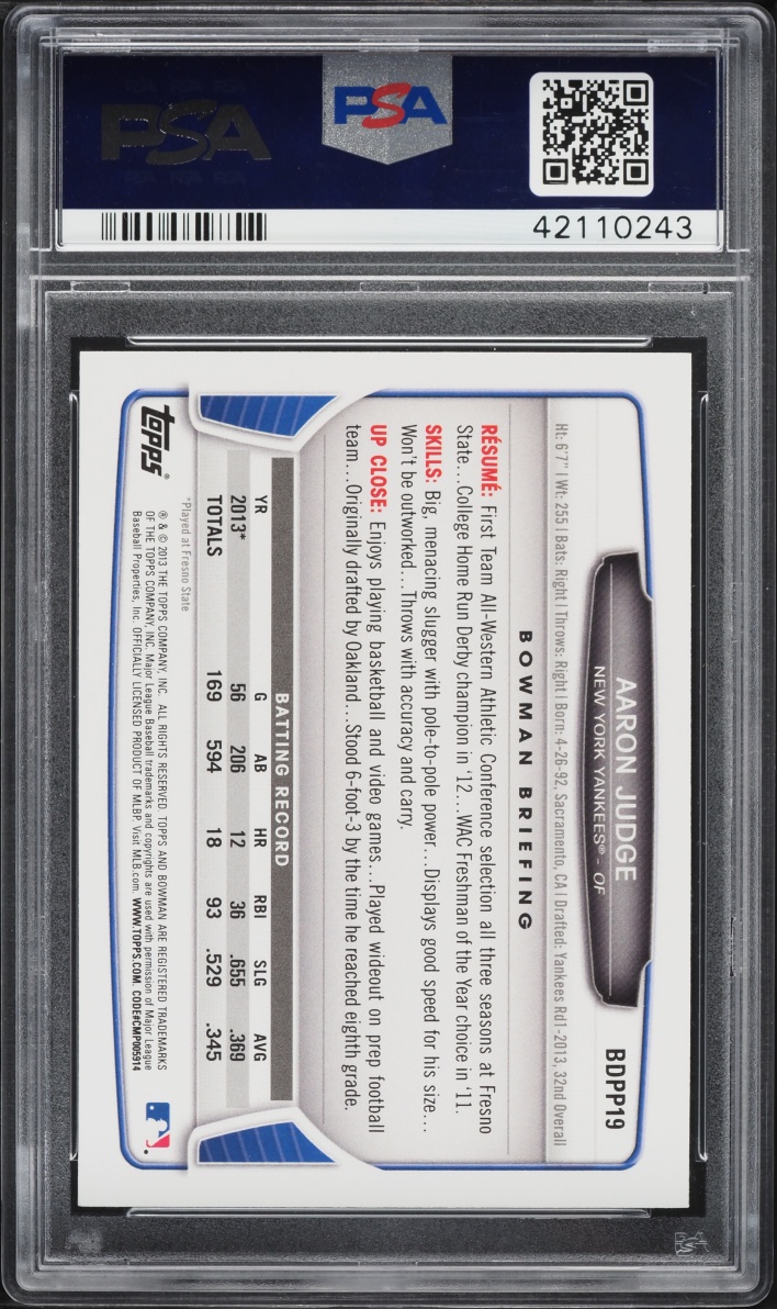 2013 Bowman Draft Picks Aaron Judge PROSPECT #BDPP19 PSA 10 GEM MINT